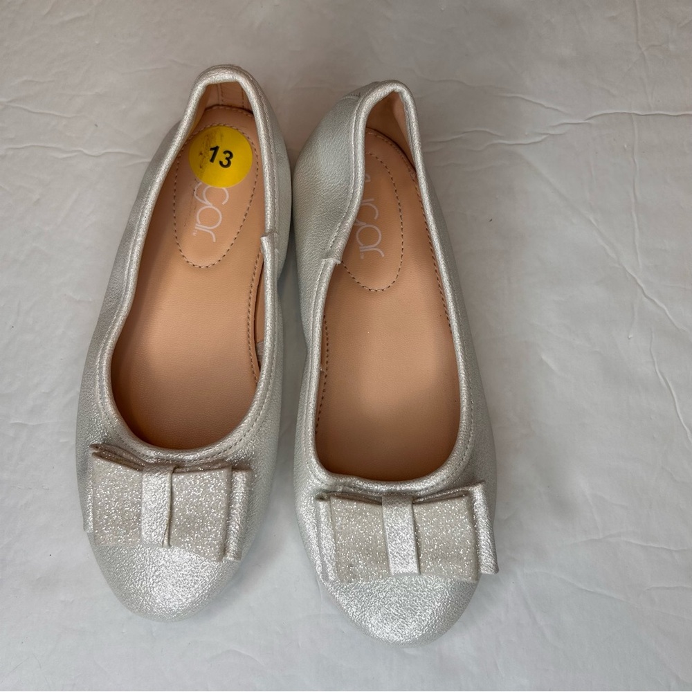 Sugar White Dress Shoes Girl’s Silver Simmer Dazzled Elegant Bow Flats Size 13